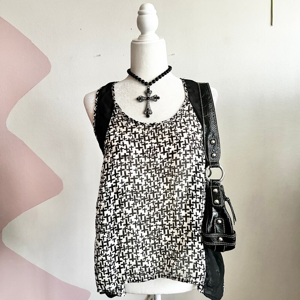 Black Sheer Cross Tank Top, Gothic‎ Punk Y2K Clubwear Grunge Tumblr Medium